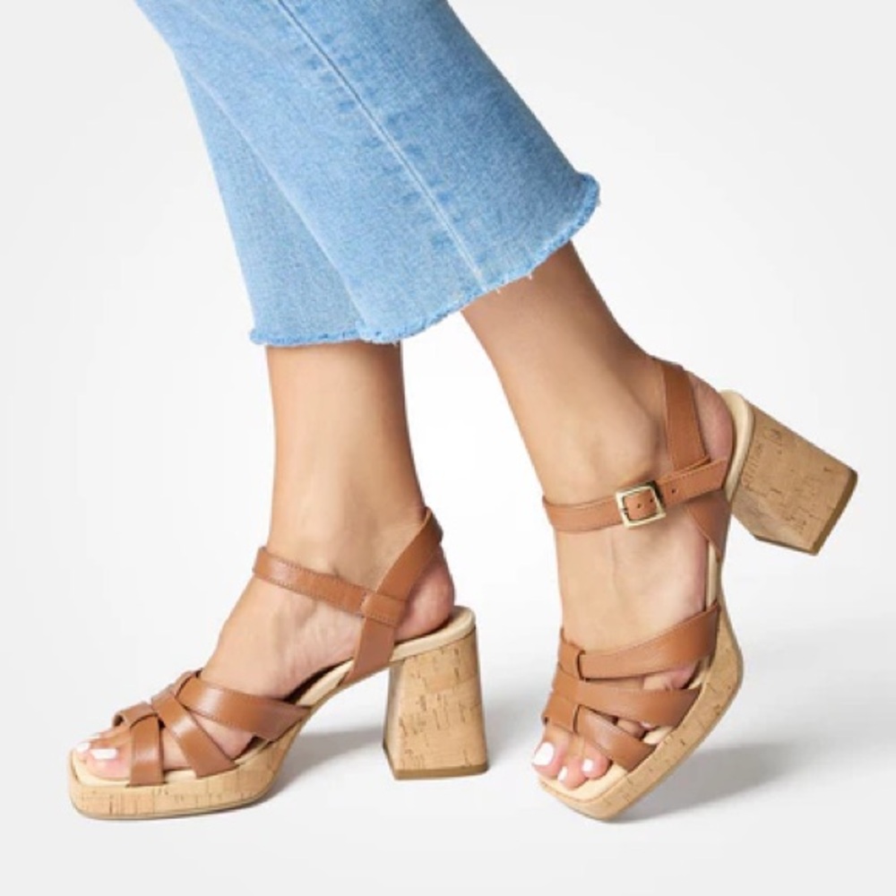 Paul Green Tina Cognac Leather Cork Block Heel Sandals Ankle Strap Sz 10 BNWB